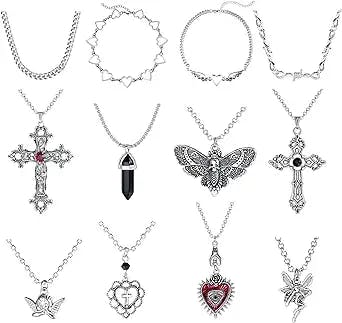 FIASASO 12Pcs Grunge Goth Necklace Set for Women Teen Cool Y2k Grunge Jewelry Gothic Cross Evil Eye Butterfly Crystal Angel Heart Wing Chain Choker Necklace Y2k Accessories