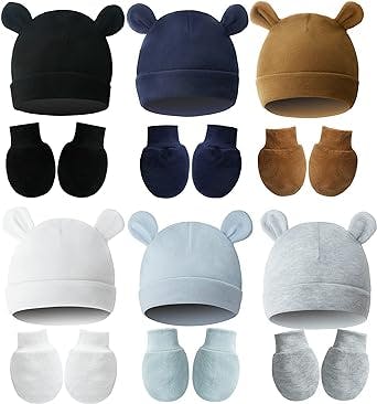 Newborn Baby Hat and Mittens Set, Newborn Hospital Hat/Beanies with Knot/Ear & No Scratch Mittens for 0-6 Months Boy/Girl