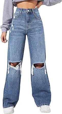 SweatyRocks Women's High Waisted Wide Leg Jeans Casual Loose Ripped Denim Pants