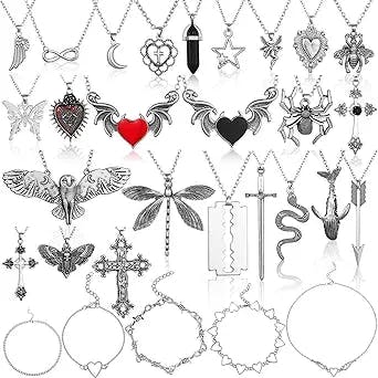 Bonuci 30 Pieces Grunge Necklace Set Goth Cross Necklace Y2k Necklace Punk Rock Vintage Harajuku Gothic Angel Heart Feather Chain Choker Necklace Jewelry Costume Accessories for Women Teen Girls