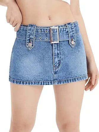SweatyRocks Women's Casual Buckle Belted Jean Skirt Low Rise Mini Denim Skirts