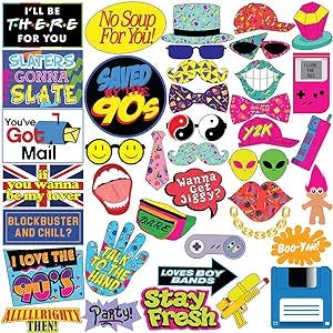 Throwback 90's Photo Booth Prop Set - Funny 1990's Theme Party Decoration, Favors & Supplies