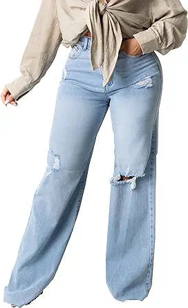 Joriou Casual Women's Ripped Wide Leg Jeans Distressed Baggy Denim Pants