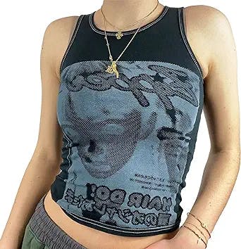 Women Face Portrait Print Y2K Tank Top Aesthetic Graphic Print E-Girl Camis Sleeveless Slim Vest Crop Top Streetwear