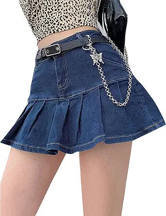 Dqbeng Womens Jean Skirt Y2K High Waist A-Line Ruffle Pleated Denim Mini Skirt
