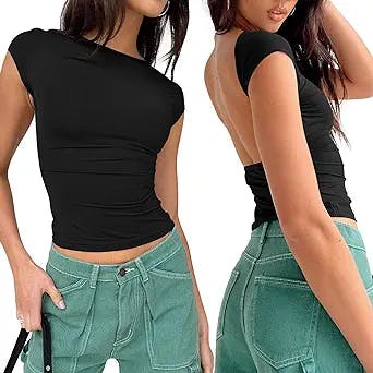 WYNNQUE Women's Sexy Backless Tops Open Back Short Sleeve T-Shirts Cute Summer Crop Tops Slim Fit Y2k Clothes
