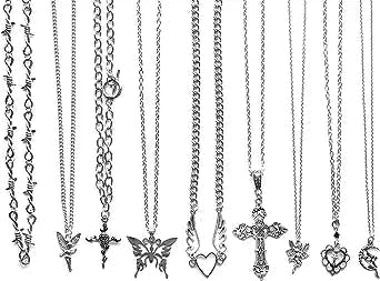 LIRUNQIN 9 Pcs Grunge Necklace Set Goth Cross Fairy Thorns Gothic Angel Heart Feather Chain Choker Necklace for Women Teen Girls