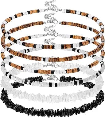 6 Pcs Puka Shell Necklace for Men Surfer Necklace Shell Choker Hawaiian Beach Shell Bead Necklace Clam Chip Choker Jewelry with Extended Chain for Men Women Boys Girls