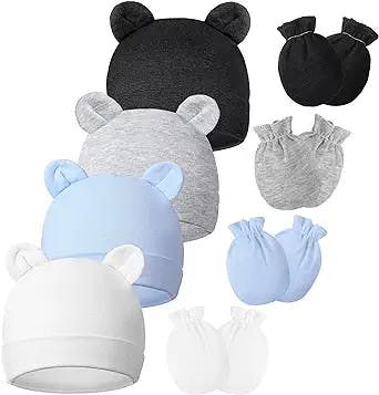8 Pieces Newborn Baby Hats and Mittens Set Bear Ears Beanies No Scratch Mittens
