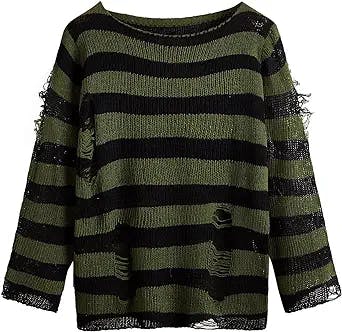 MakeMeChic Women's Casual Striped Print Ripped Long Sleeve Loose Sweater Top