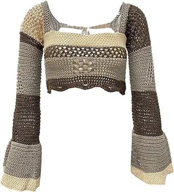 Y2k Patchwork Crop Top Knitted Long Sleeve T Shirt Sun Protection Breathable Cardigan Crochet Tee Summer Patched Tops