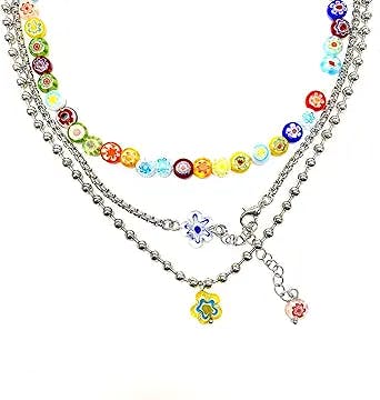 Y2k Necklace Layered Colorful Beaded Necklace Bead Choker Necklaces with Flower Pendant Indie Jewelry for Teen Girls Woman Cute Necklaces Set Coconut Girl Aesthetic Alt 2000s Necklaces Y2k Fashion Rave Outfit