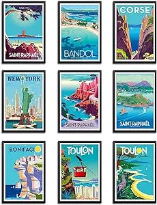 CFGHJ Vintage Posters Set of 9 Seaside Vacation Vintage Travel Poster Office Bedroom Decorative Wall Decor Poster Gift, 8 x 12 Inch