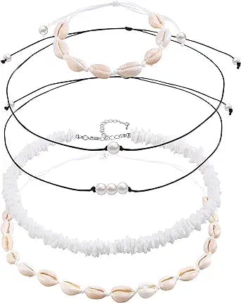 VANGAY Pearl Shell Necklace Choker for Women Girls Handmade Puka Seashell Necklace Jewelry Hawaiian Beach Necklace Bracelet Set