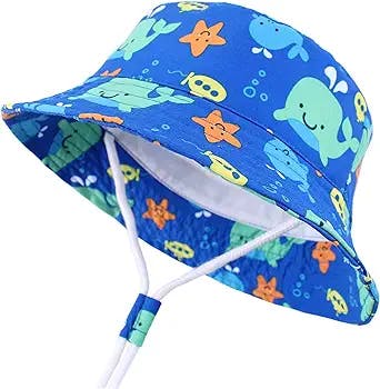 LANGZHEN Sun Protection Hat for Kids Toddler Boys Girls Wide Brim Summer Play Hat Cotton Baby Bucket Hat with Chin Strap