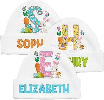 Personalized Easter Initial Newborn Baby Hat Gifts w/Name - 3 Patterns - Customized Easter Bunny Hospital Cap - Custom Unisex Beanie for Boy Girl - Gender Announcement Baby Shower Infant Cotton Hat C1