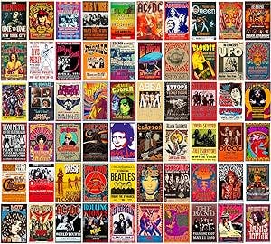 Woonkit 60 PC Vintage Rock Band Posters for Room Aesthetic, 70s 80s 90s Retro Music Room Wall Bedroom Decor Wall Art, Vintage Rock Band Music Concert Poster Wall Collage, Old Music Album Cover Prints (A 60 SET, 4X6 INCH)