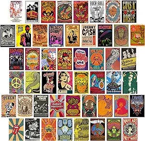 PERLAVIE Vintage rock poster Album covers for room aesthetic 50pcs Retro band wall collage kit 70s 80s 90s music Poster Room Decor, punk rock posters collection,Rock band posters for wall decor 4x6''