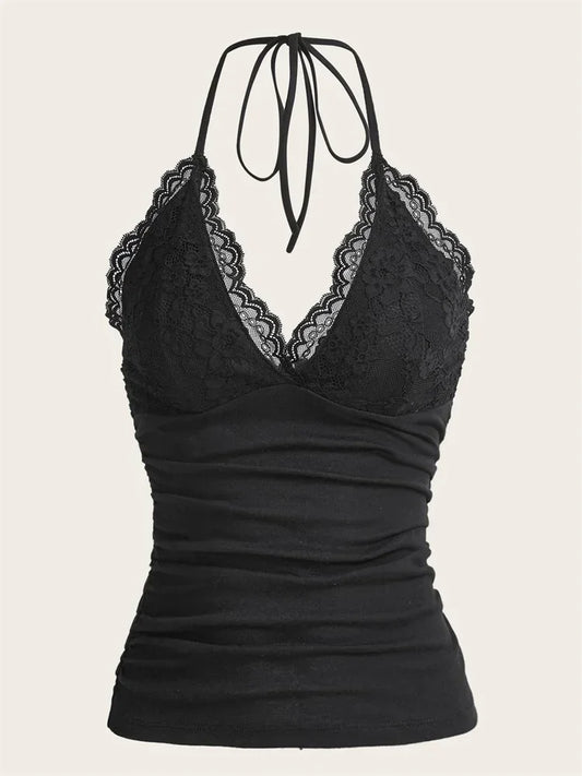 Black lace-trimmed tank top on a mannequin against a beige background