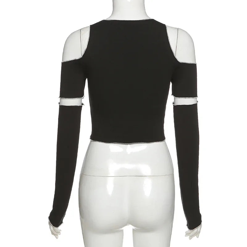 Y2K Gothic Patchwork Crop Top – Black Cold Shoulder Long Sleeve Techwear Tee