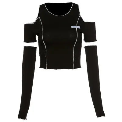 Y2K Gothic Patchwork Crop Top – Black Cold Shoulder Long Sleeve Techwear Tee