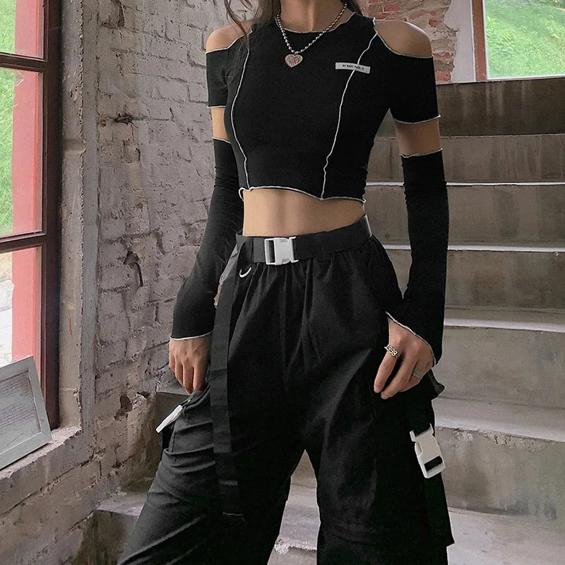 Y2K Gothic Patchwork Crop Top – Black Cold Shoulder Long Sleeve Techwear Tee