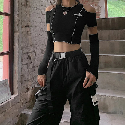Y2K Gothic Patchwork Crop Top – Black Cold Shoulder Long Sleeve Techwear Tee
