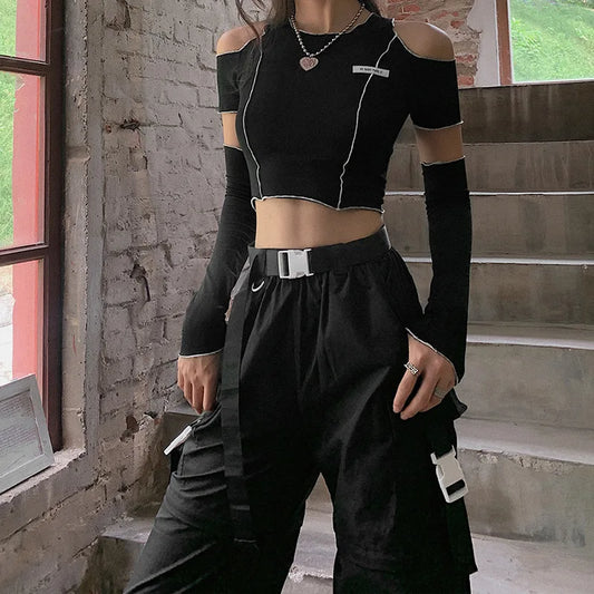 Y2K Gothic Patchwork Crop Top – Black Cold Shoulder Long Sleeve Techwear Tee