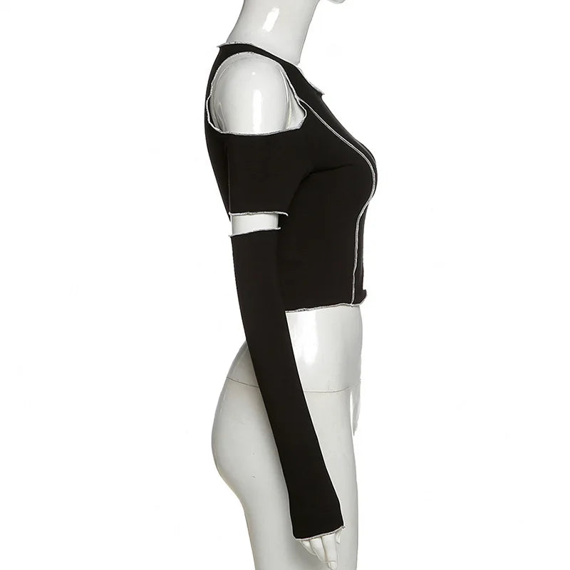 Y2K Gothic Patchwork Crop Top – Black Cold Shoulder Long Sleeve Techwear Tee