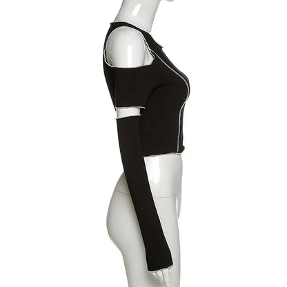 Y2K Gothic Patchwork Crop Top – Black Cold Shoulder Long Sleeve Techwear Tee
