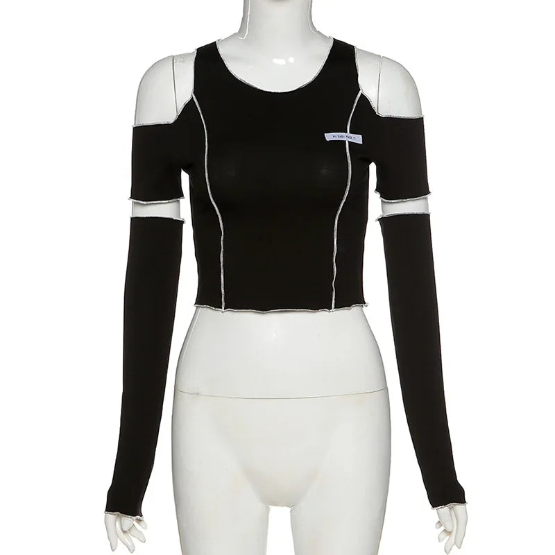 Y2K Gothic Patchwork Crop Top – Black Cold Shoulder Long Sleeve Techwear Tee