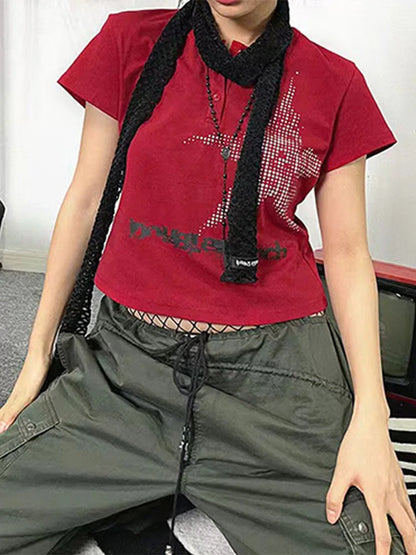 Y2K Harajuku Crop Top – Graphic Star Print Button-Up Short Sleeve Tee