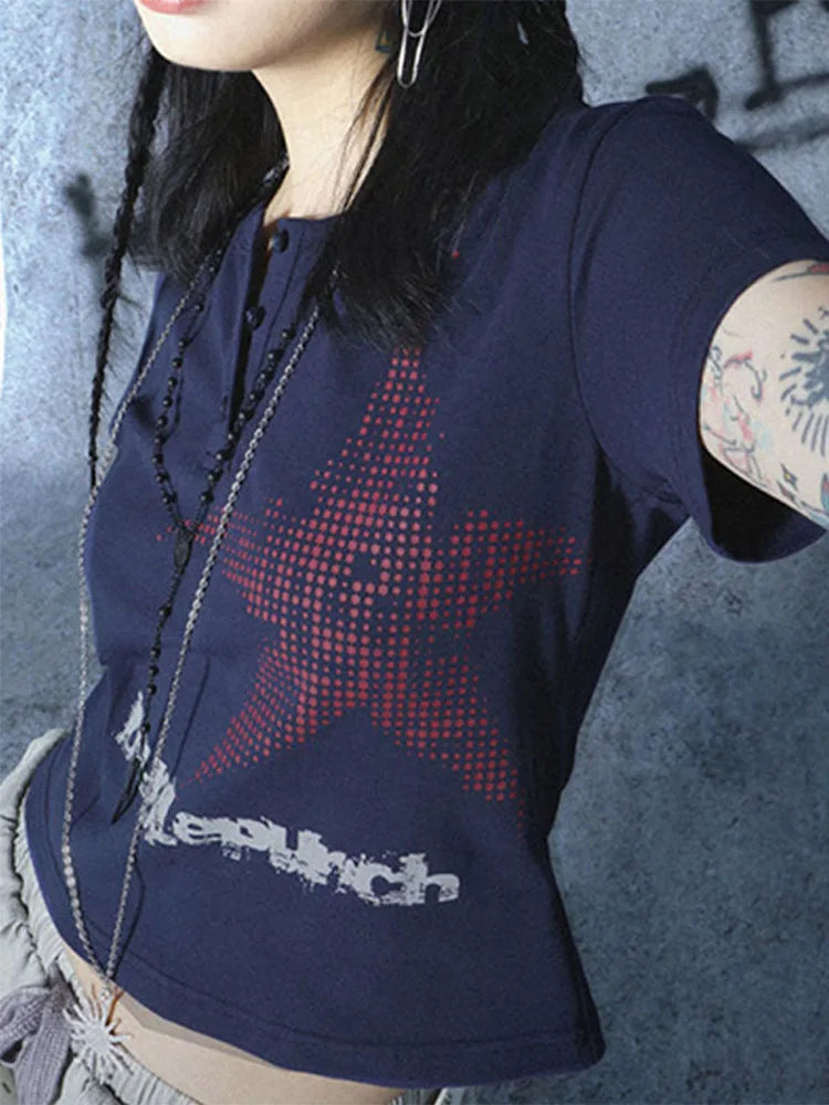 Y2K Harajuku Crop Top – Graphic Star Print Button-Up Short Sleeve Tee