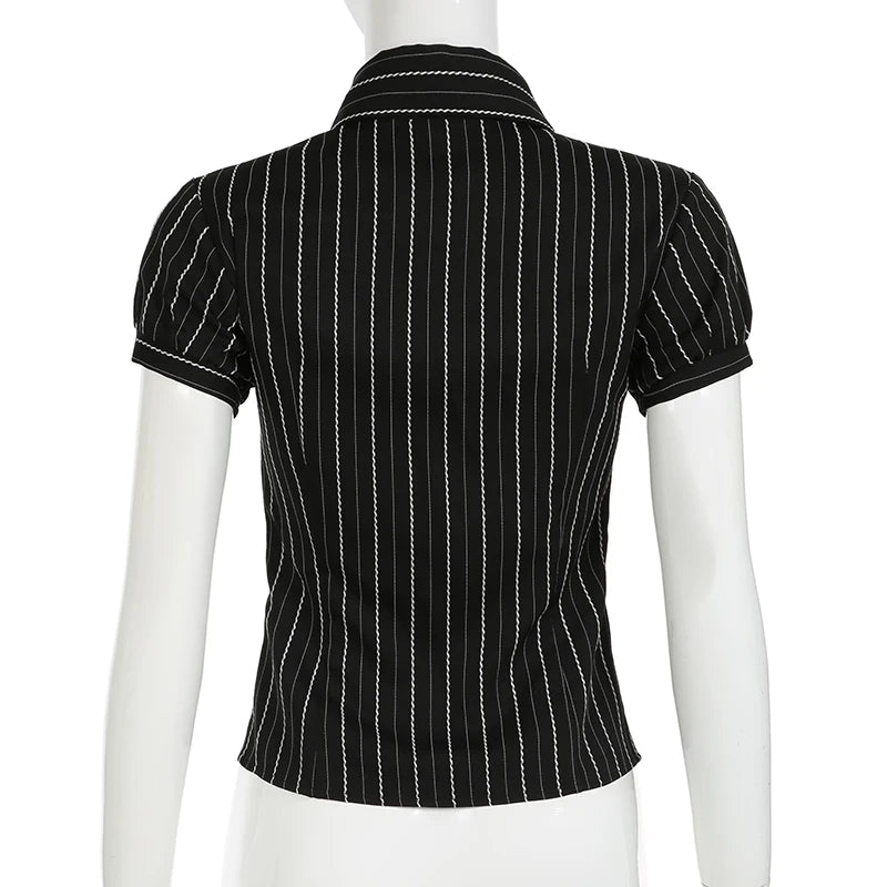 Y2K Black Striped Button-Up Top – Short Puff Sleeve Vintage 2000s Streetwear Blouse