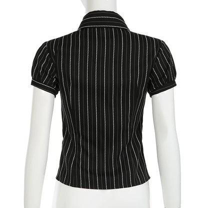 Y2K Black Striped Button-Up Top – Short Puff Sleeve Vintage 2000s Streetwear Blouse