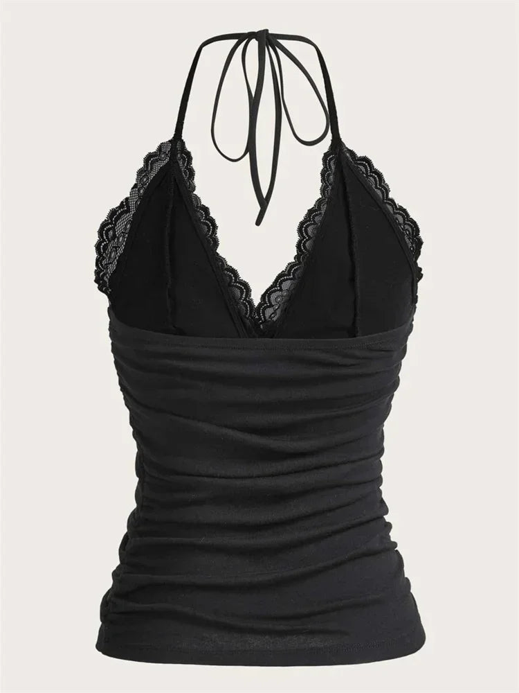 Y2K Lace Halter Crop Top – Black V-Neck Ruched Backless Cami for Women