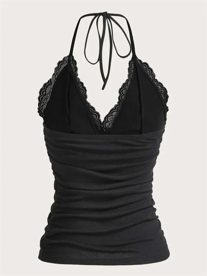 Y2K Lace Halter Crop Top – Black V-Neck Ruched Backless Cami for Women