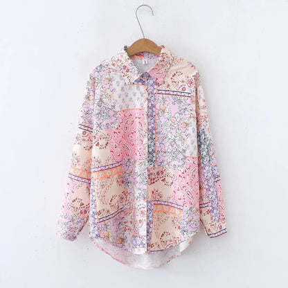 Vintage Leaf Print Blouse – Long Sleeve Button Down Casual Shirt for Women