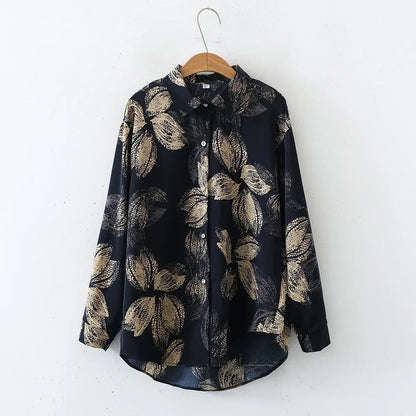 Vintage Leaf Print Blouse – Long Sleeve Button Down Casual Shirt for Women