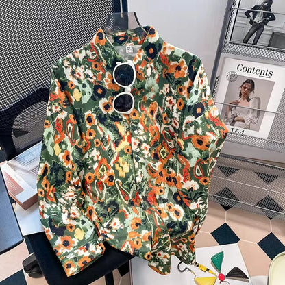 Vintage Leaf Print Blouse – Long Sleeve Button Down Casual Shirt for Women