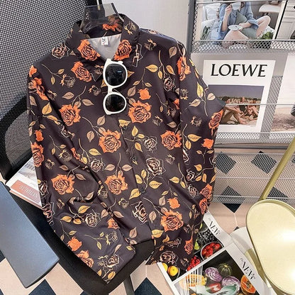 Vintage Leaf Print Blouse – Long Sleeve Button Down Casual Shirt for Women