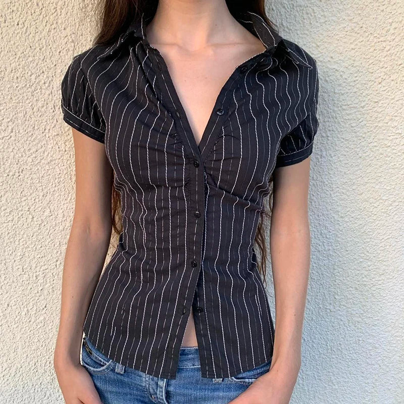 Y2K Black Striped Button-Up Top – Short Puff Sleeve Vintage 2000s Streetwear Blouse