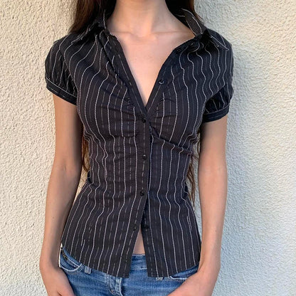 Y2K Black Striped Button-Up Top – Short Puff Sleeve Vintage 2000s Streetwear Blouse