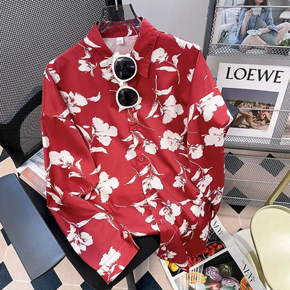 Vintage Leaf Print Blouse – Long Sleeve Button Down Casual Shirt for Women