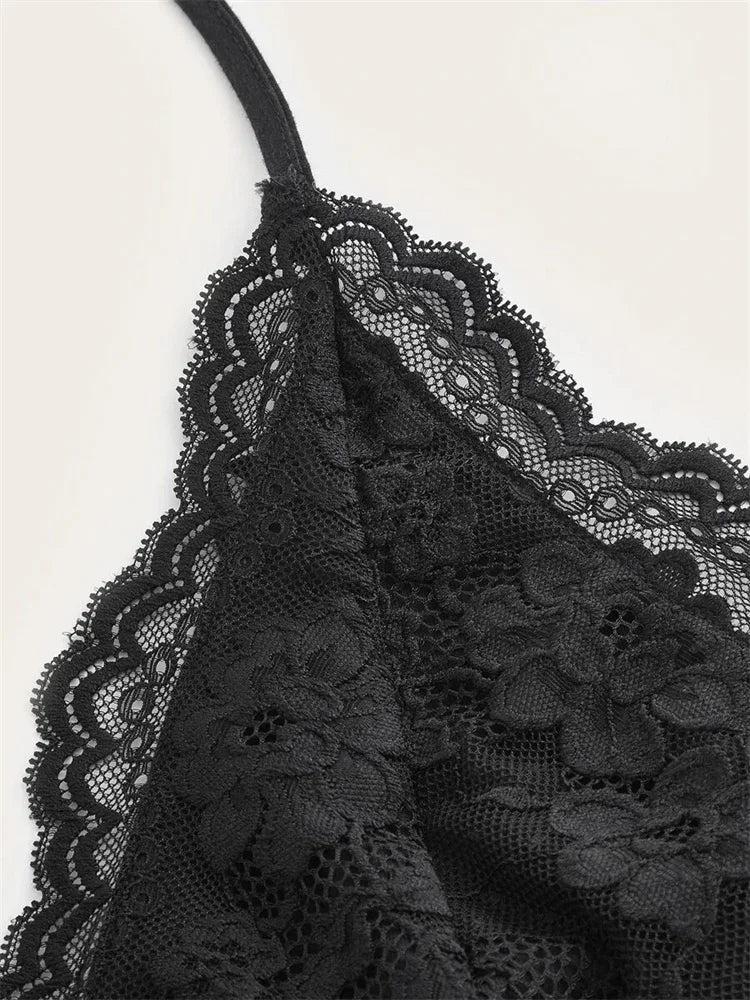 Y2K Lace Halter Crop Top – Black V-Neck Ruched Backless Cami for Women