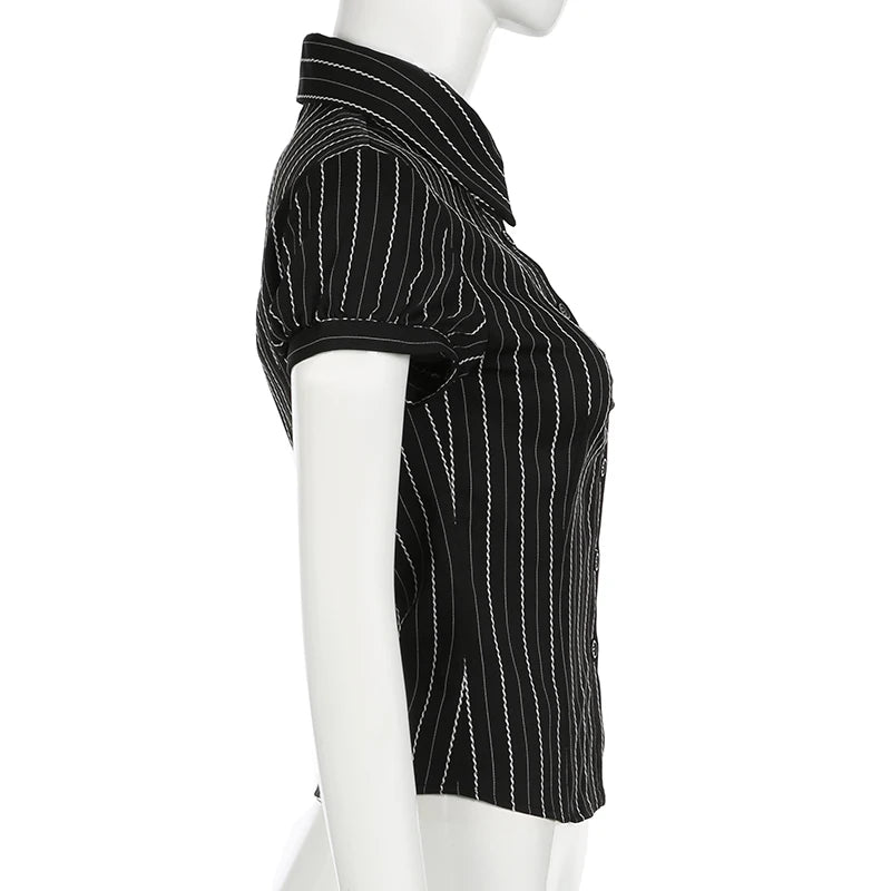 Y2K Black Striped Button-Up Top – Short Puff Sleeve Vintage 2000s Streetwear Blouse