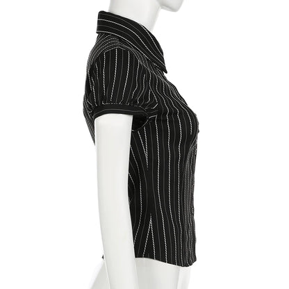 Y2K Black Striped Button-Up Top – Short Puff Sleeve Vintage 2000s Streetwear Blouse