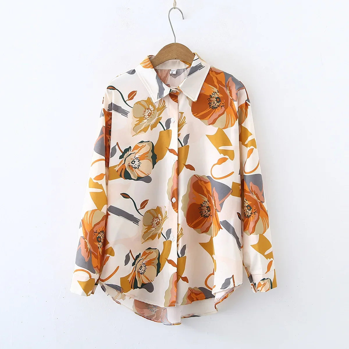 Vintage Leaf Print Blouse – Long Sleeve Button Down Casual Shirt for Women