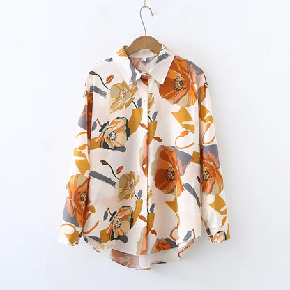 Vintage Leaf Print Blouse – Long Sleeve Button Down Casual Shirt for Women