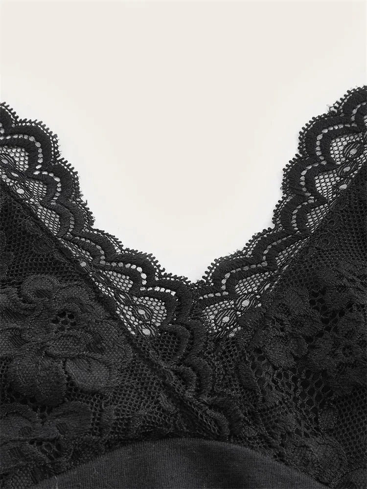 Y2K Lace Halter Crop Top – Black V-Neck Ruched Backless Cami for Women